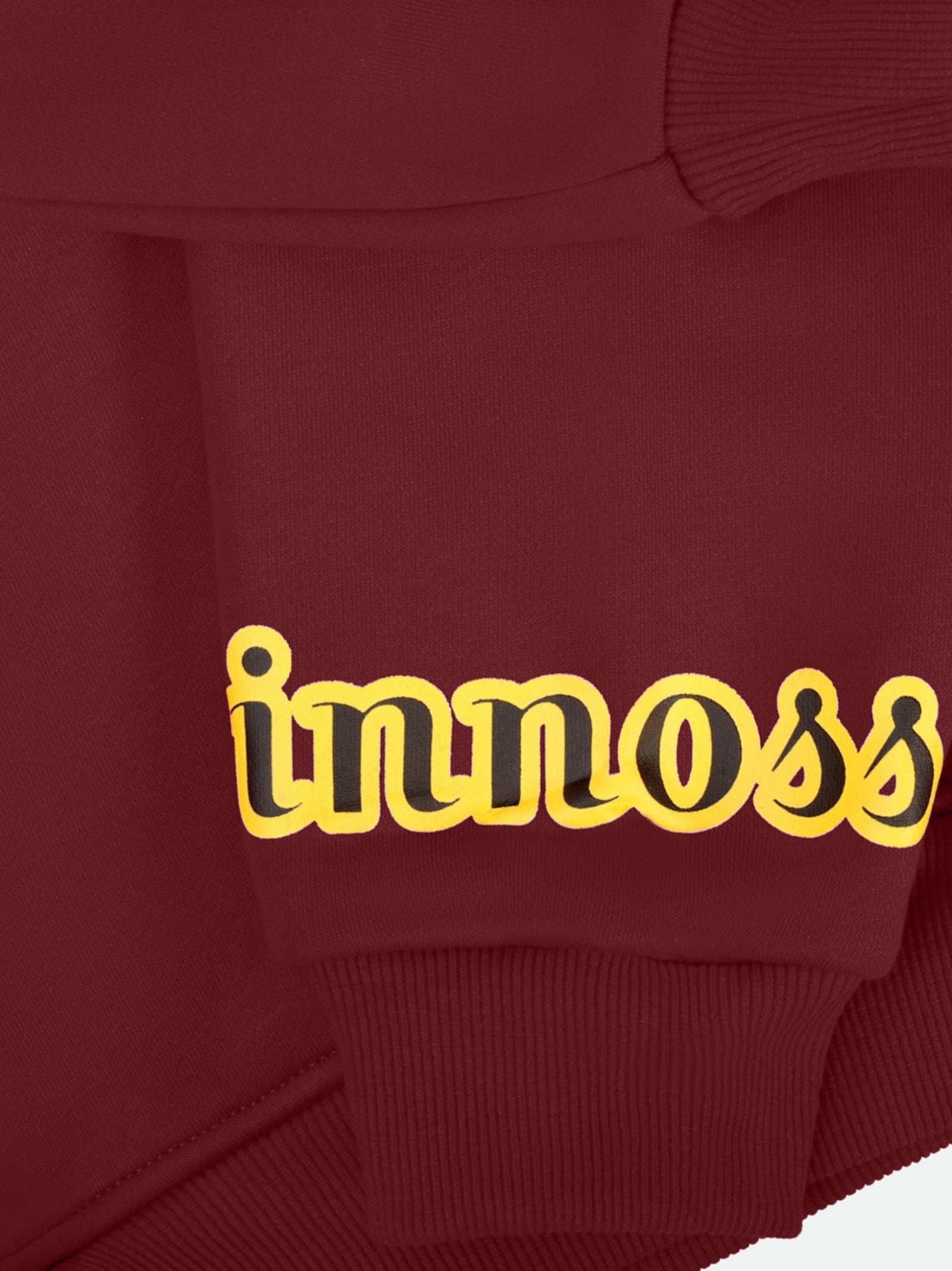Burgundy hoodie with 'innoss' logo in yellow on a white background