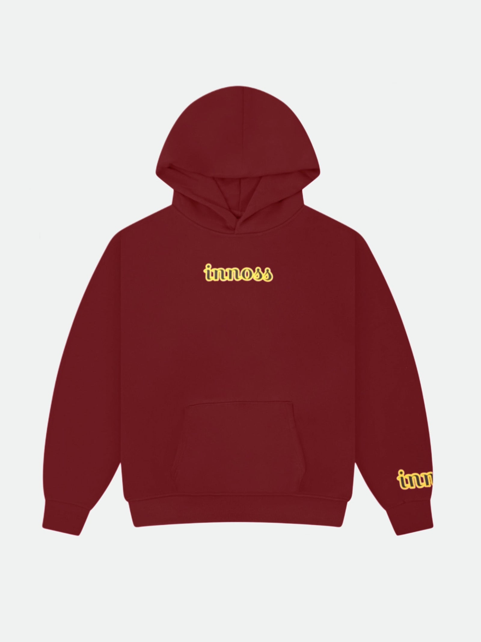 Maroon hoodie with yellow text on a light gray background