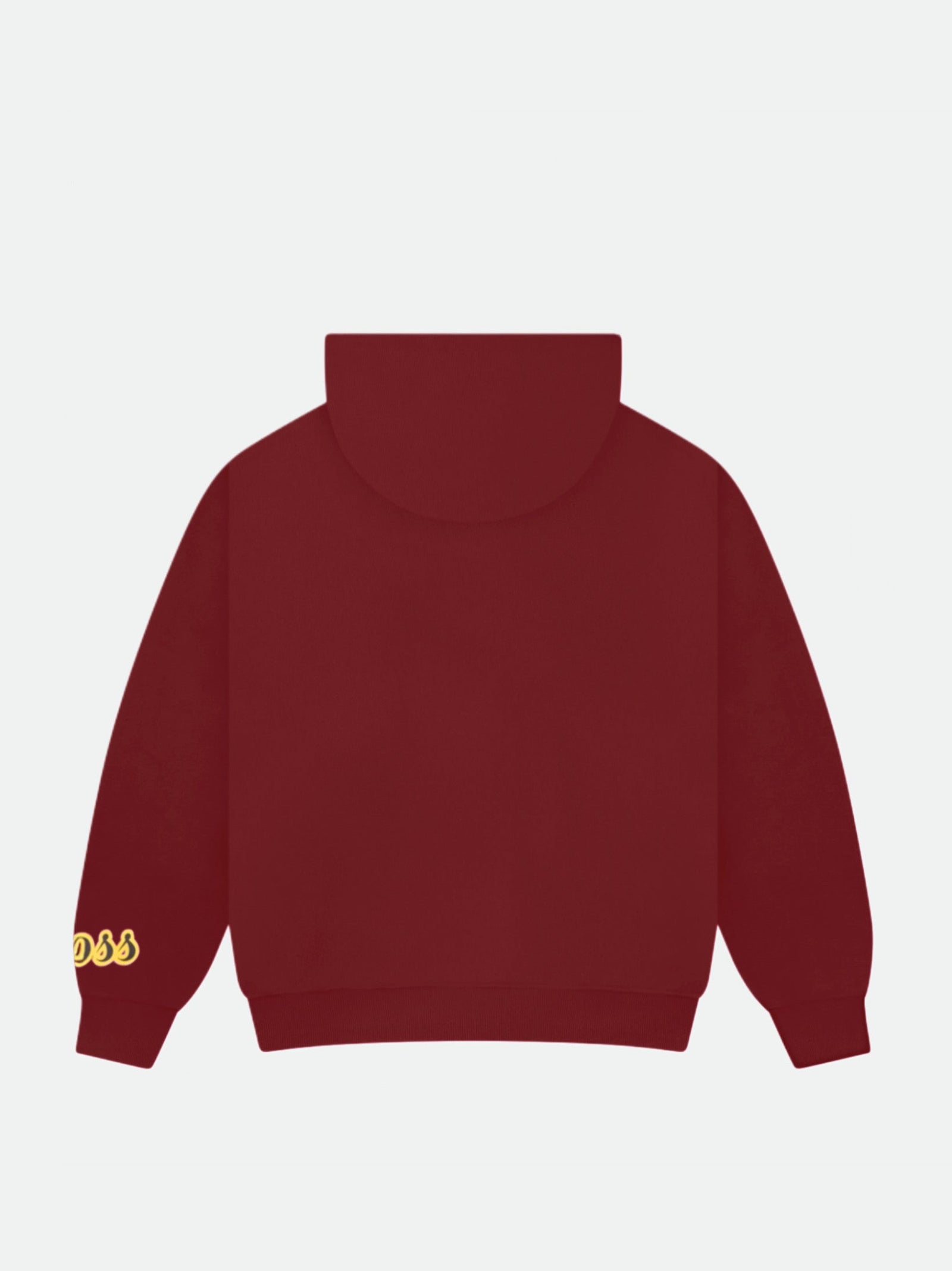 Burgundy hoodie with a small yellow logo on the chest against a light gray background